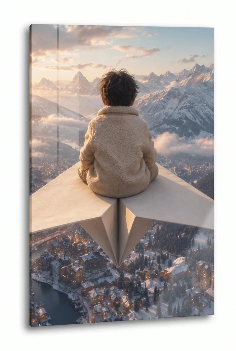 Kind auf Papierflieger über Alpendorf Schnee Wandbild - Dein Wandbild