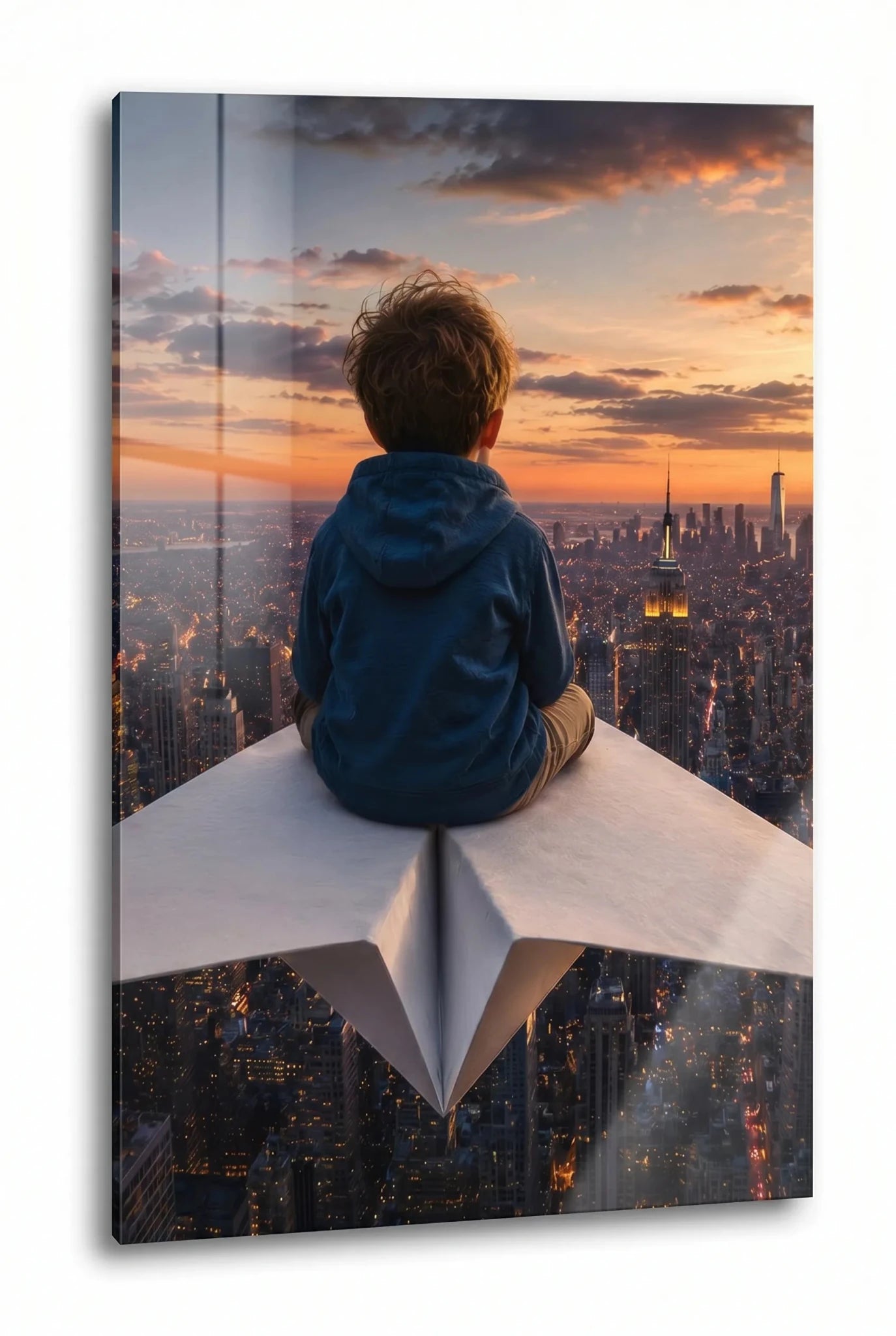 Kind auf Papierflieger über New York Skyline Wandbild - Dein Wandbild