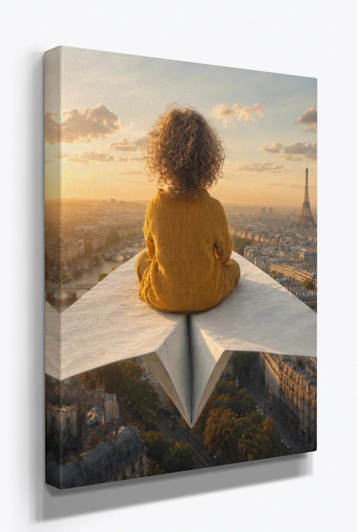 Kind auf Papierflieger über Paris Sonnenuntergang Wandbild - Dein Wandbild