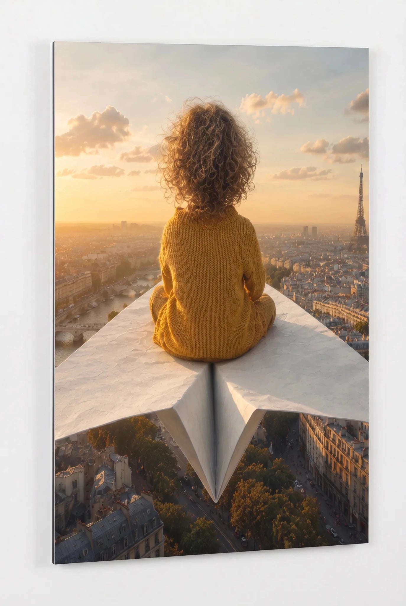 Kind auf Papierflieger über Paris Sonnenuntergang Wandbild - Dein Wandbild