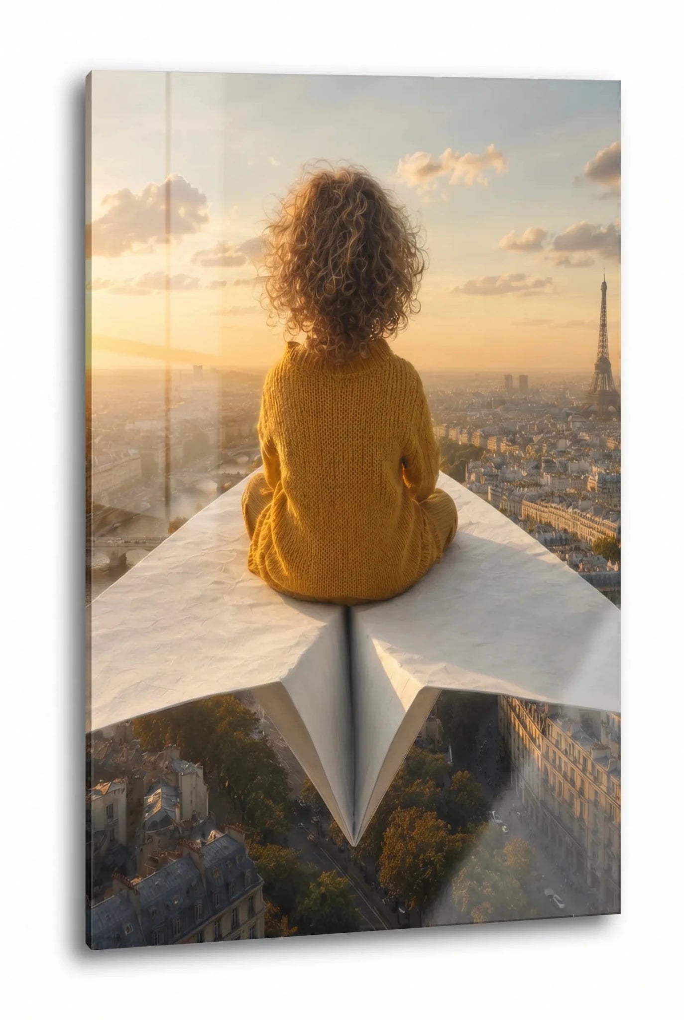 Kind auf Papierflieger über Paris Sonnenuntergang Wandbild - Dein Wandbild