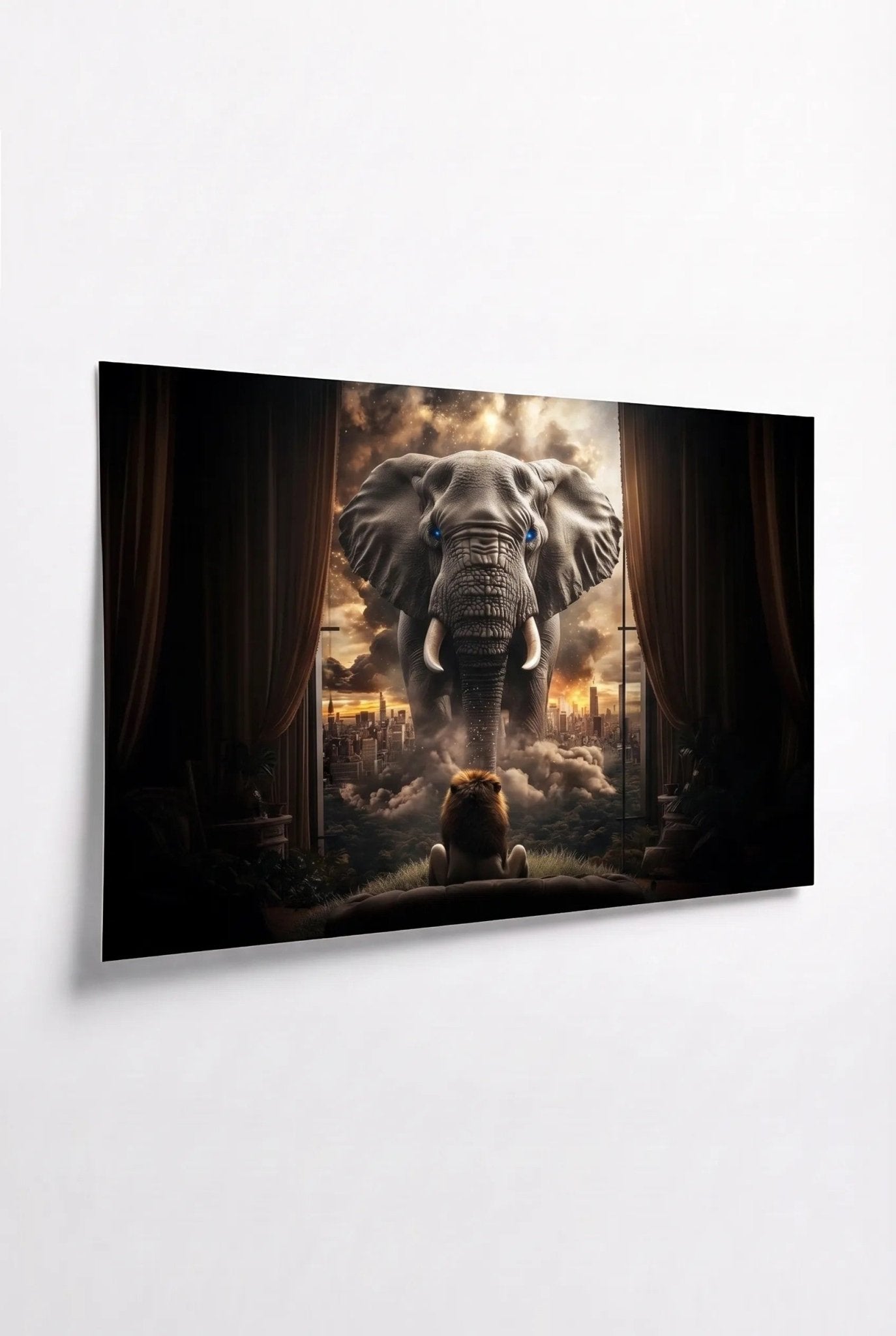 Kind blickt auf riesigen Elefanten – Surreal - Dein Wandbild