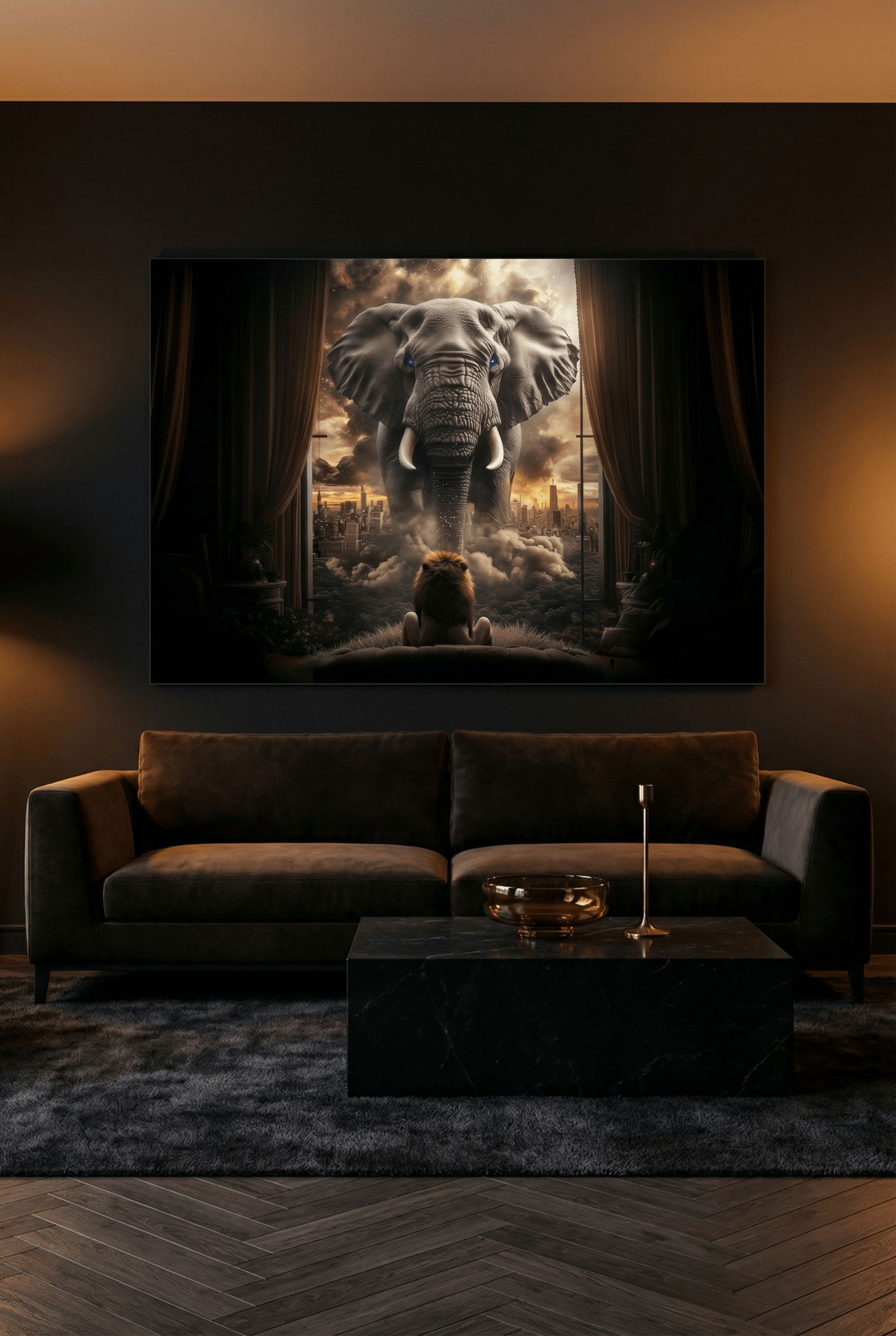 Kind blickt auf riesigen Elefanten – Surreal - Dein Wandbild