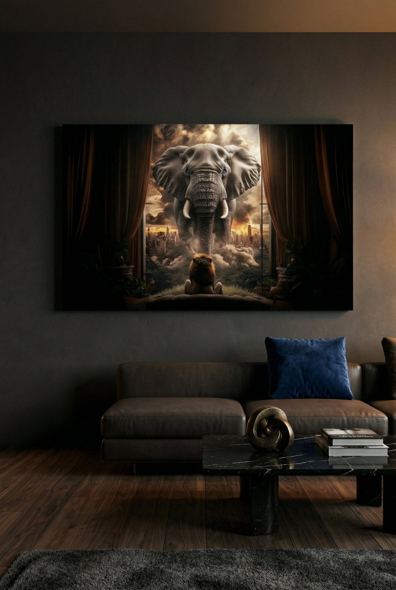Kind blickt auf riesigen Elefanten – Surreal - Dein Wandbild