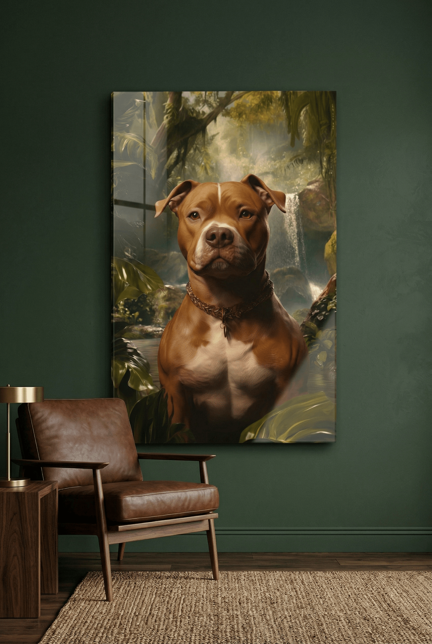 König des Dschungels – Majestätischer Pitbull vor goldgrüner Kulisse | Dein Wandbild - Dein Wandbild