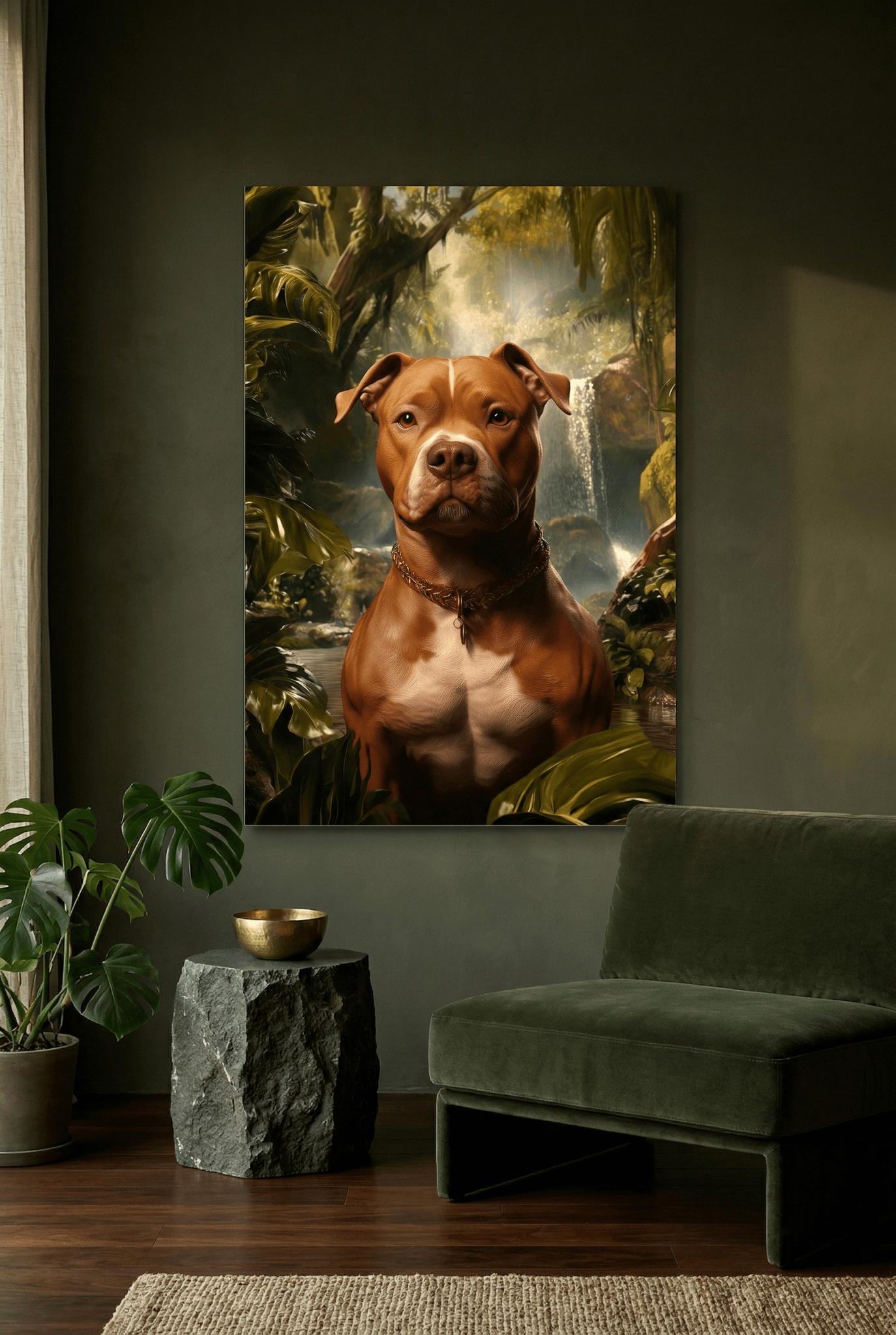 König des Dschungels – Majestätischer Pitbull vor goldgrüner Kulisse | Dein Wandbild - Dein Wandbild