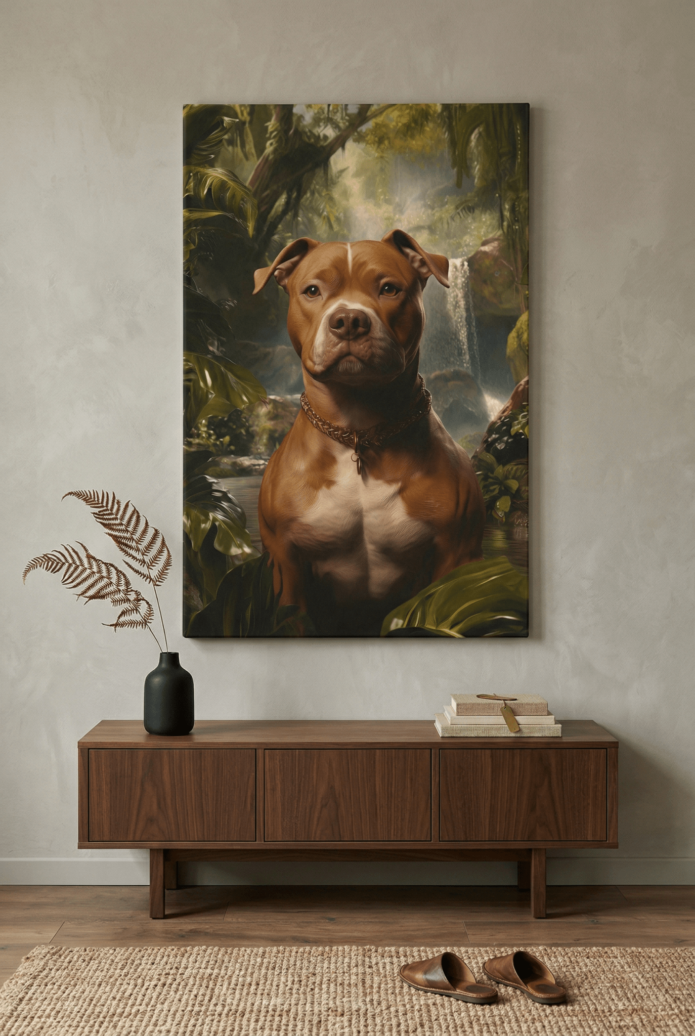 König des Dschungels – Majestätischer Pitbull vor goldgrüner Kulisse | Dein Wandbild - Dein Wandbild