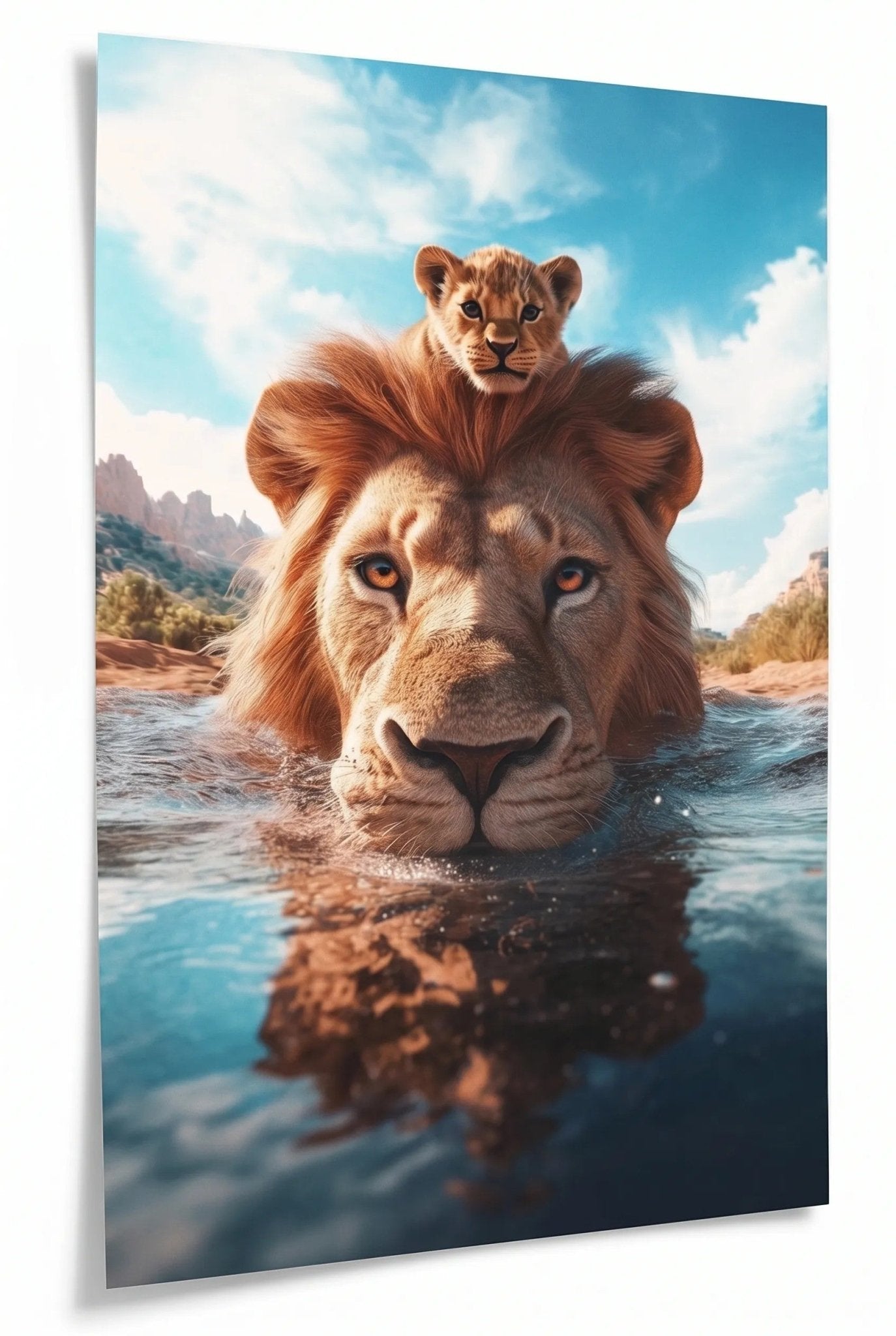 Löwenvater & Baby im Wasser – Nahaufnahme - Dein Wandbild