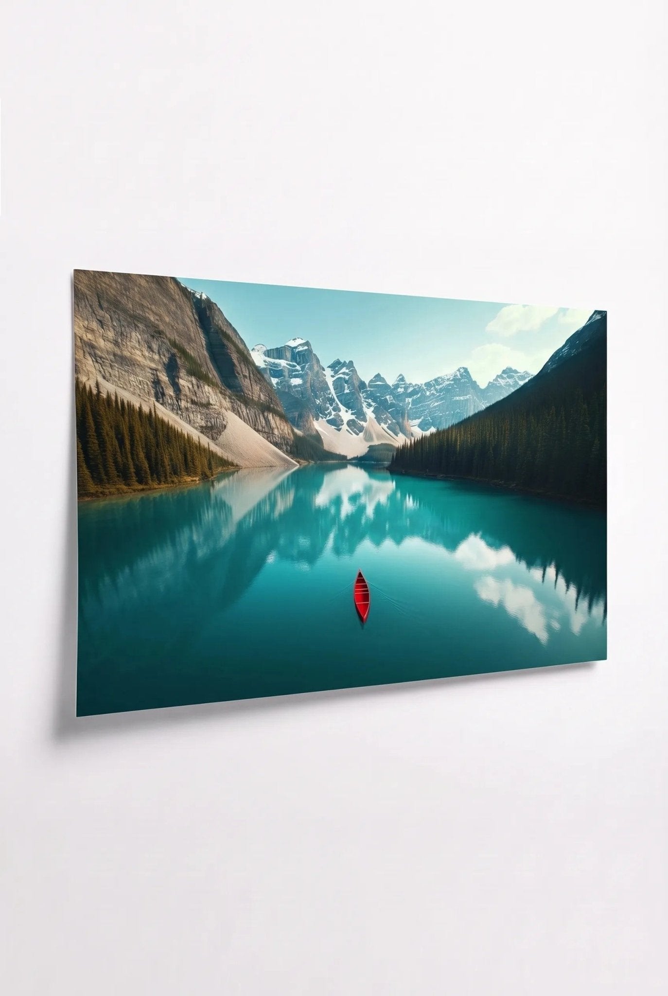 Moraine Lake Kanada – Rotes Kanu vor Bergen - Dein Wandbild