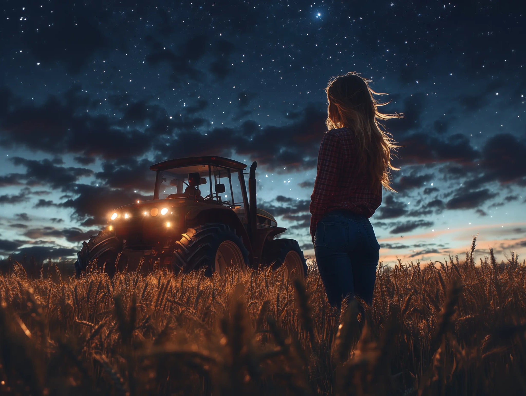 Nachtschicht – Frau & Traktor im Sternenfeld - Dein Wandbild