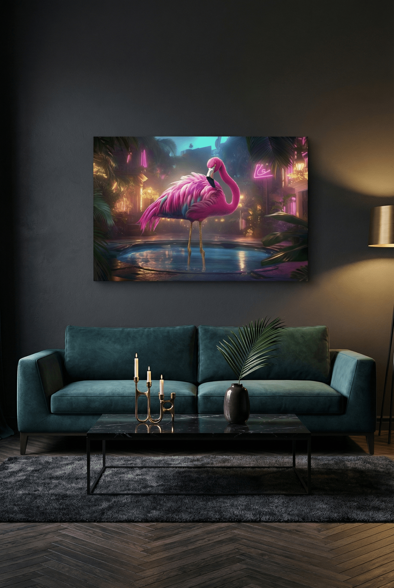 Pinker Flamingo am Neon - Pool – Tropische Nacht - Dein Wandbild