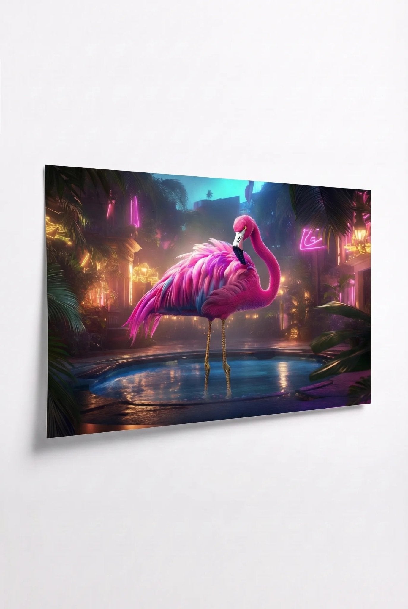 Pinker Flamingo am Neon-Pool – Tropische Nacht - Dein Wandbild