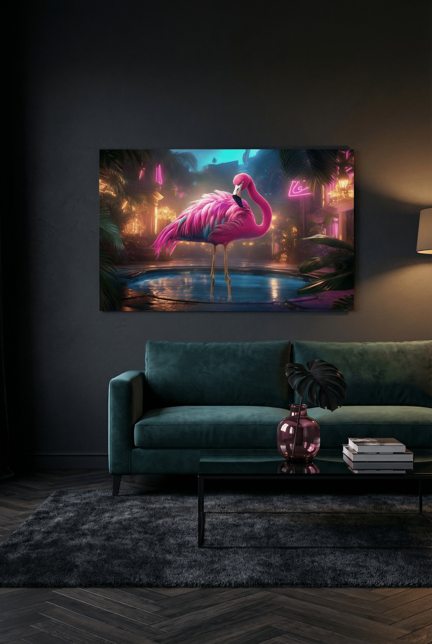 Pinker Flamingo am Neon - Pool – Tropische Nacht - Dein Wandbild