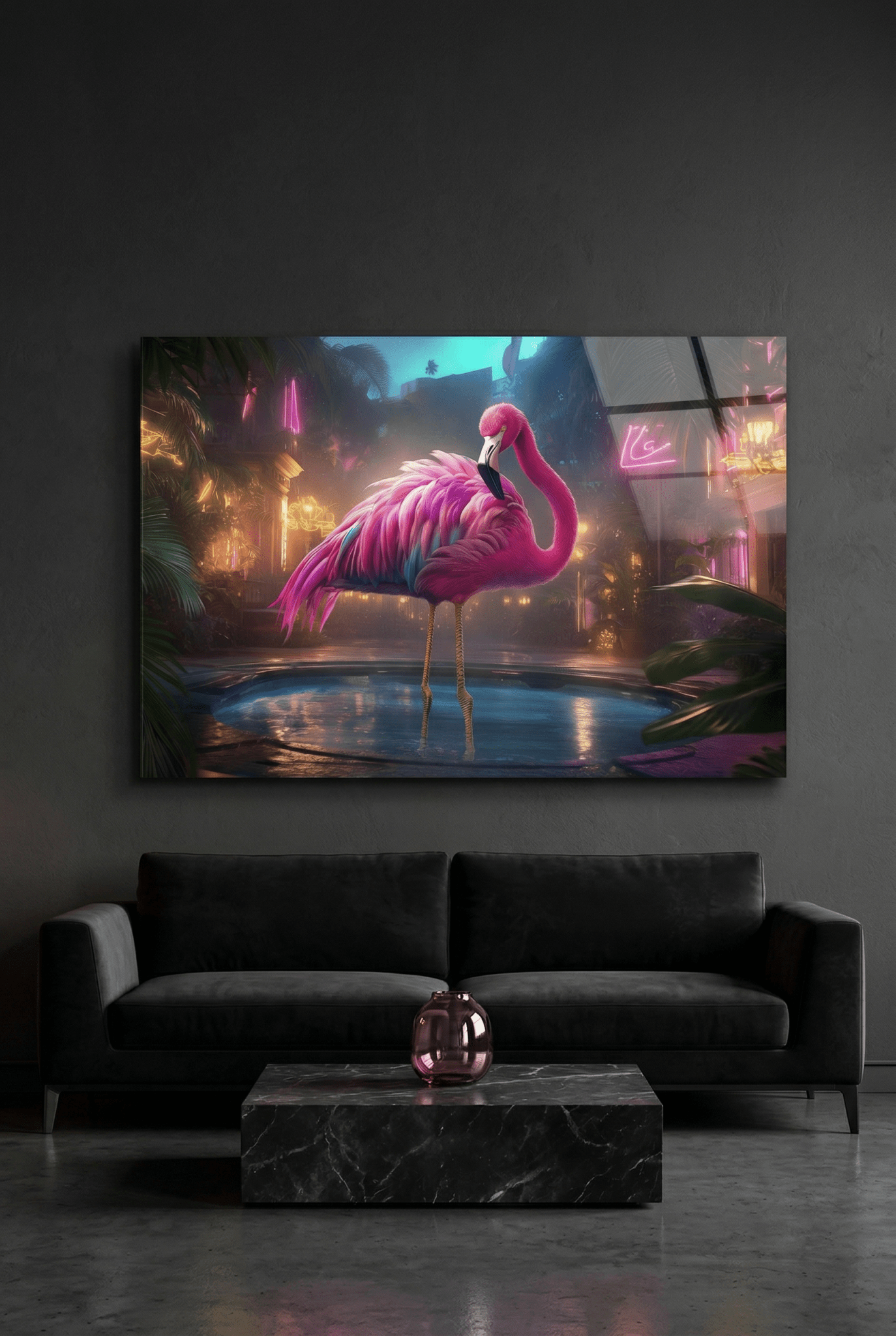 Pinker Flamingo am Neon - Pool – Tropische Nacht - Dein Wandbild