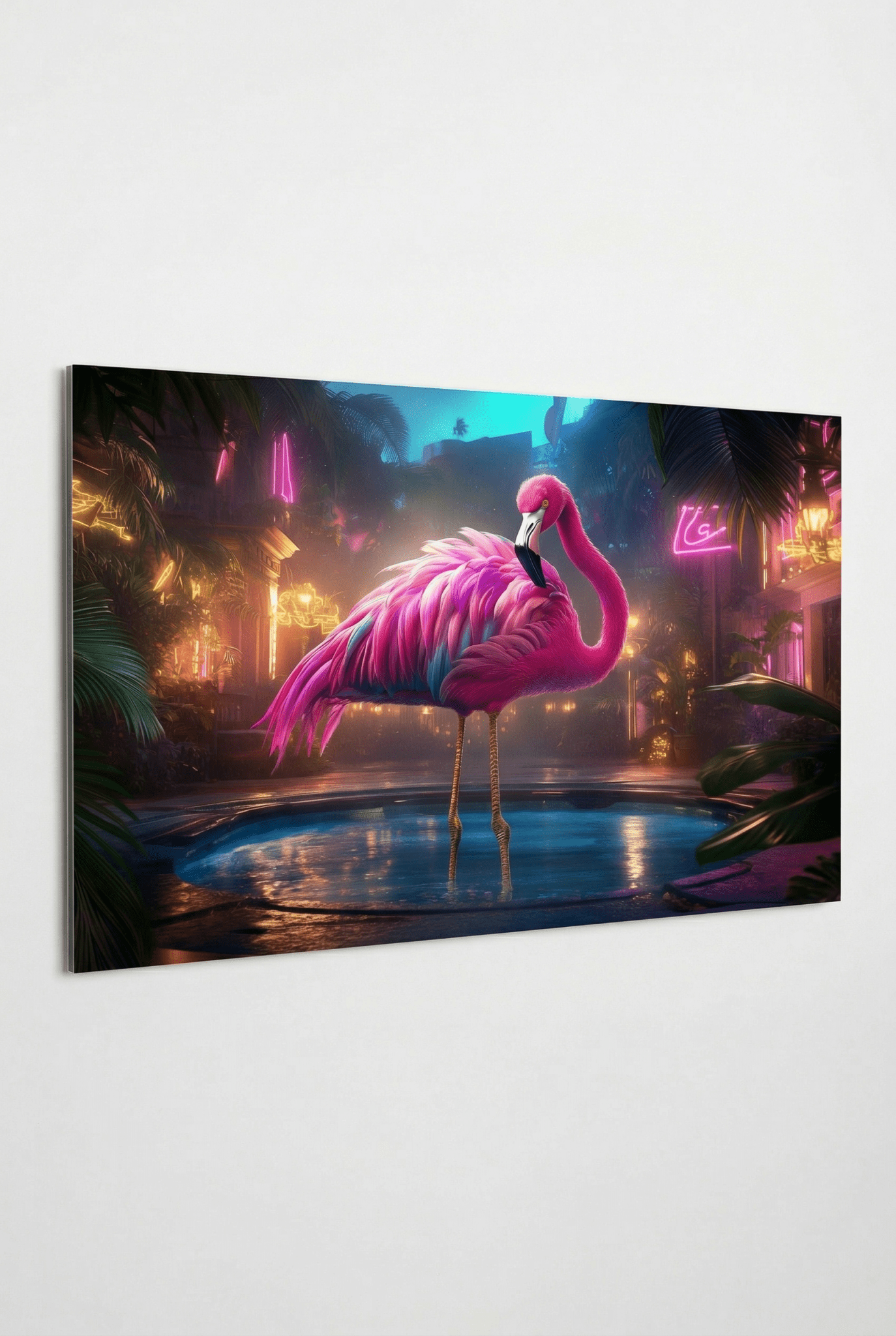 Pinker Flamingo am Neon - Pool – Tropische Nacht - Dein Wandbild