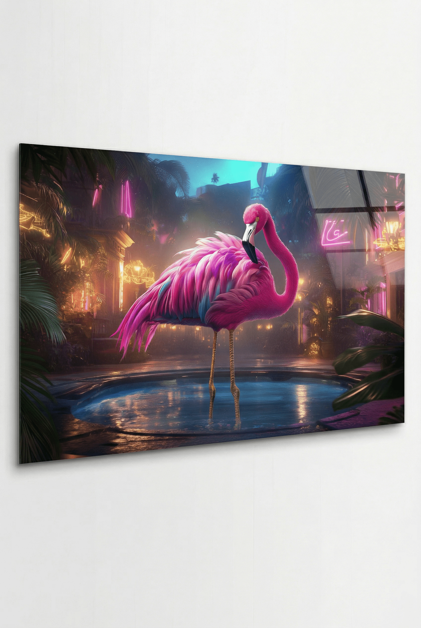 Pinker Flamingo am Neon - Pool – Tropische Nacht - Dein Wandbild