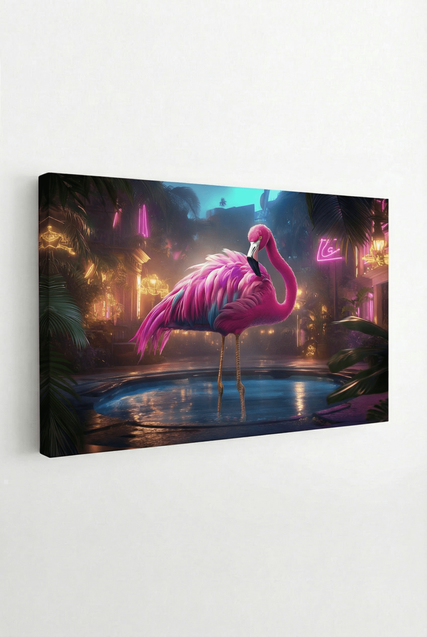 Pinker Flamingo am Neon - Pool – Tropische Nacht - Dein Wandbild