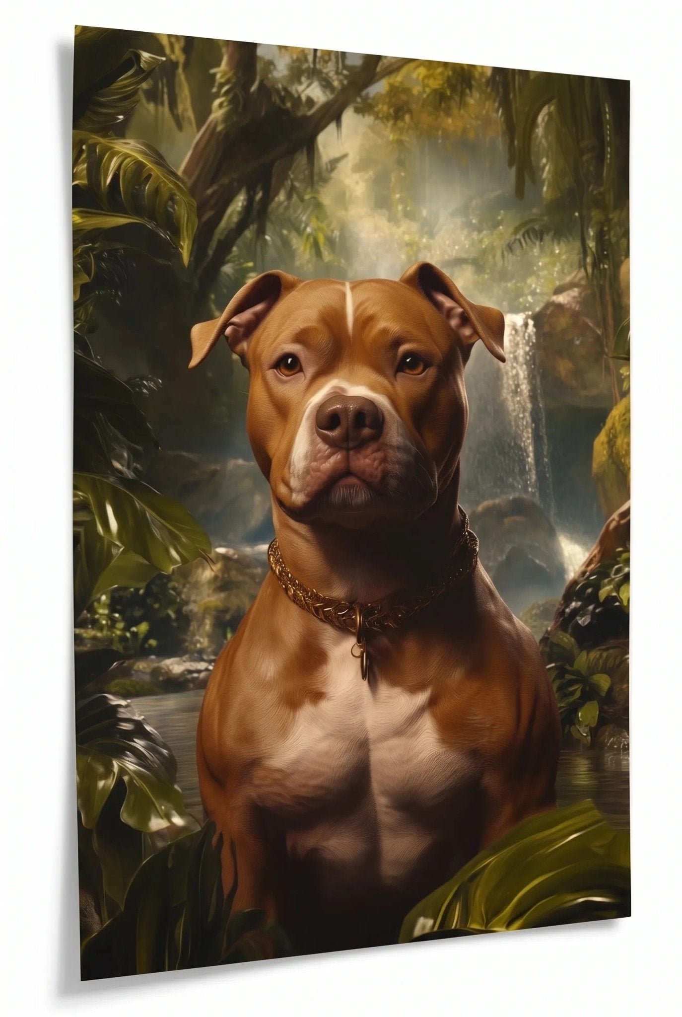 Pitbull mit Goldkette im Dschungel am Wasserfall - Dein Wandbild