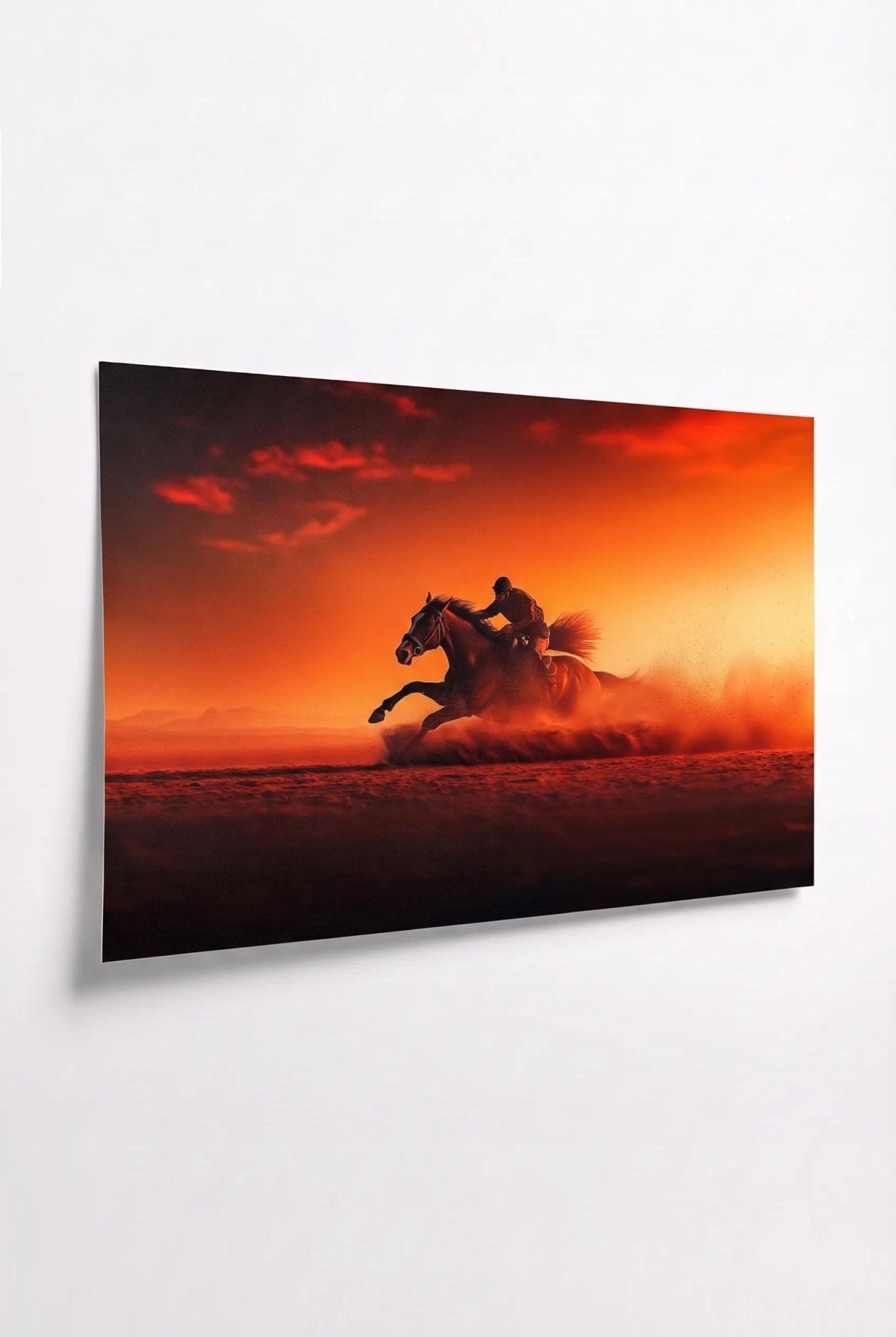 Reiter auf galoppierendem Pferd bei rotem Sonnenuntergang - Dein Wandbild