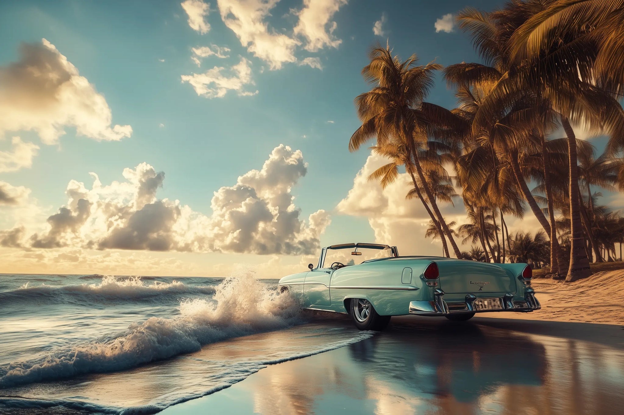 Roadtrip in die Freiheit – Autobild mit Cabrio am Tropen - Highway | Dein Wandbild - Dein Wandbild