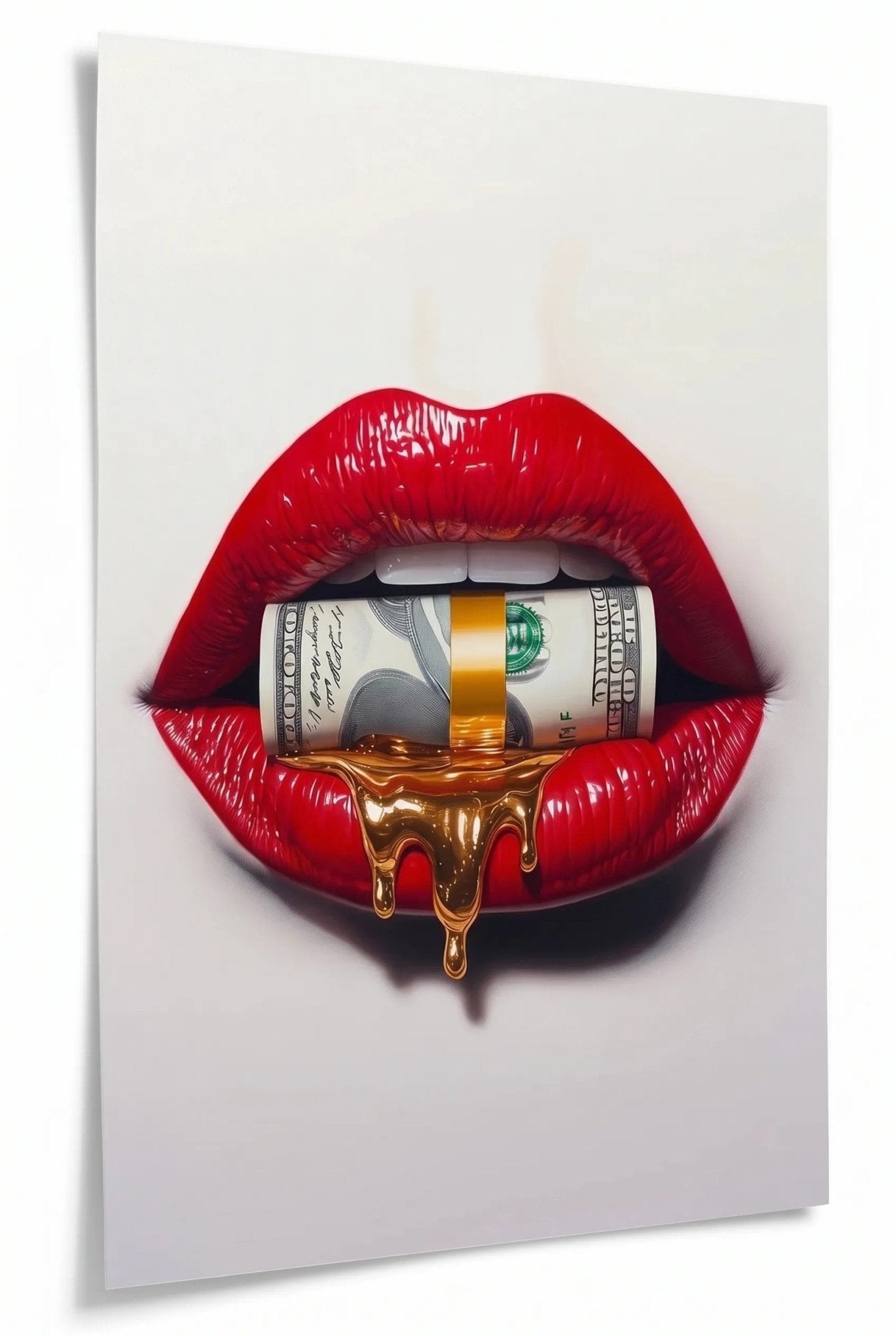 Rote Lippen mit Dollarschein & Gold – Pop Art - Dein Wandbild