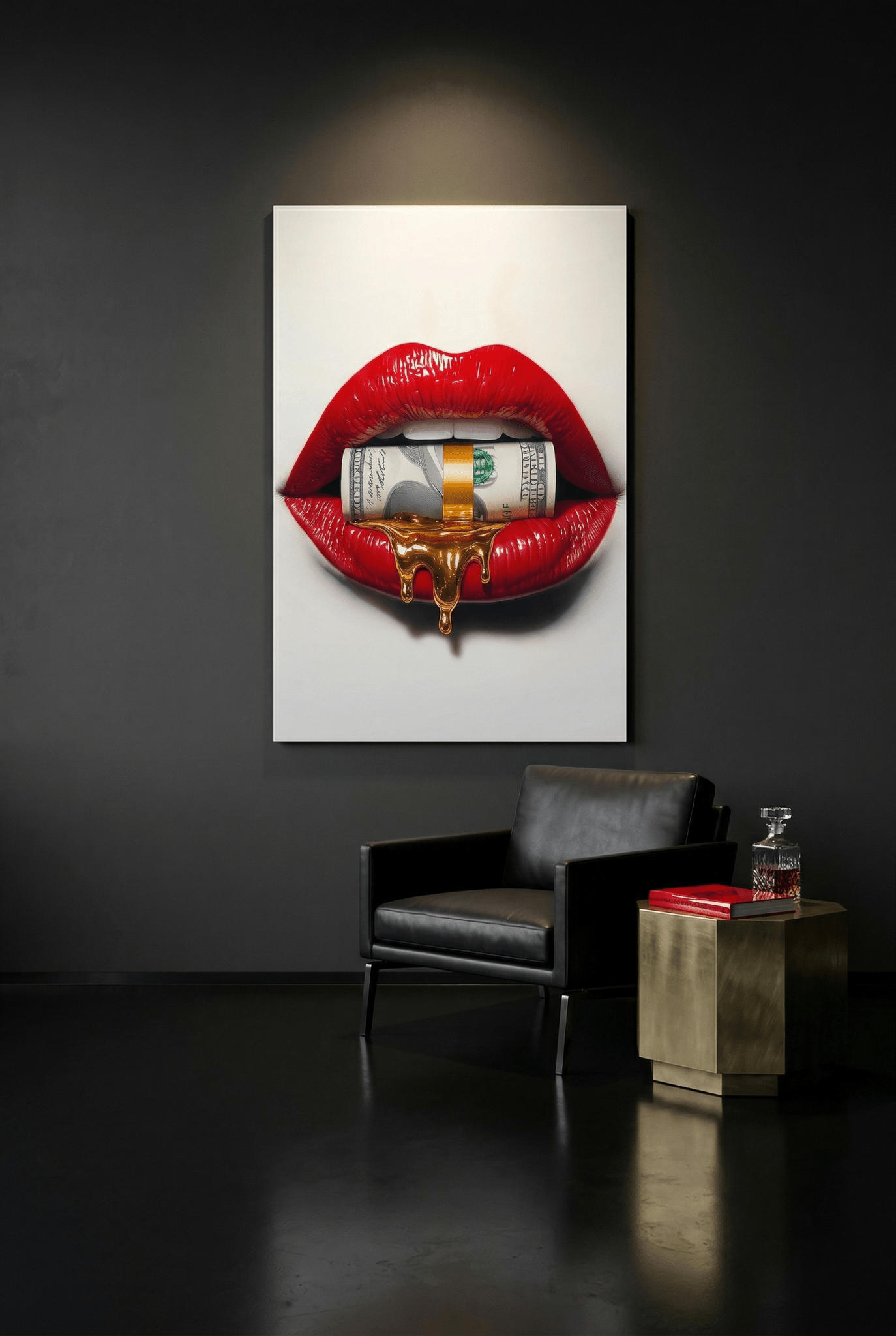Rote Lippen mit Dollarschein & Gold – Pop Art - Dein Wandbild