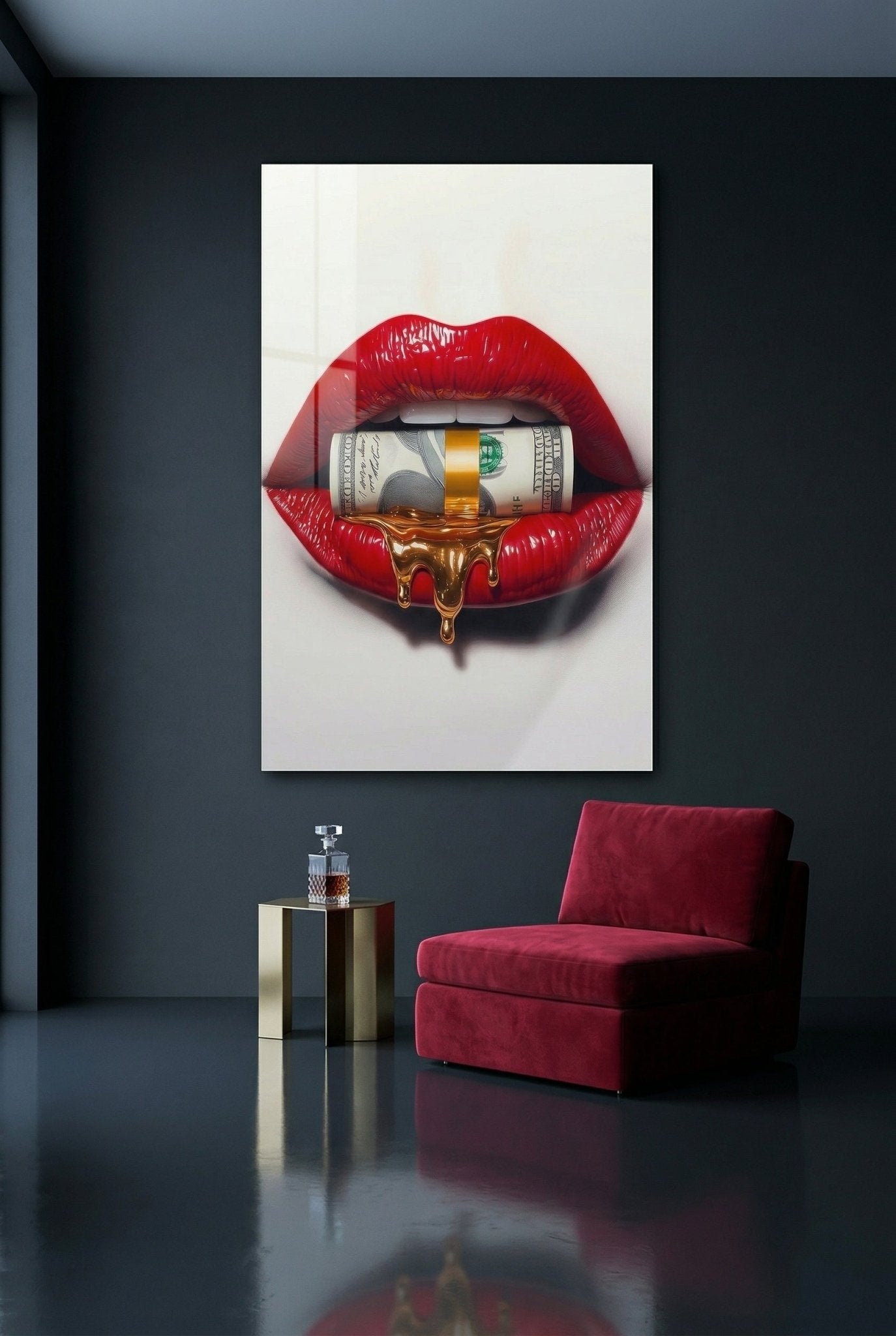 Rote Lippen mit Dollarschein & Gold – Pop Art - Dein Wandbild