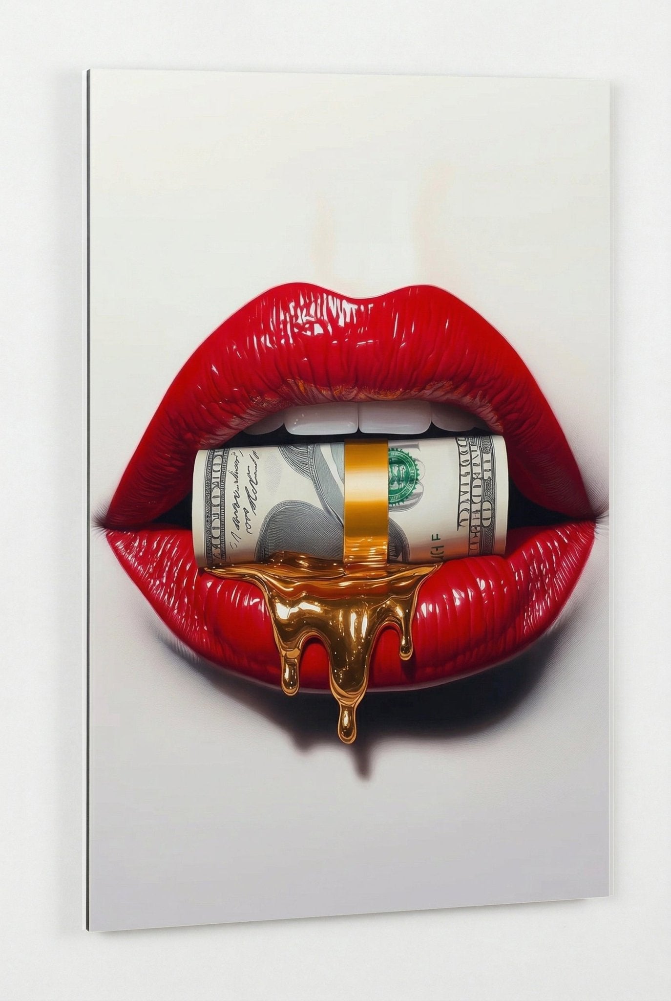 Rote Lippen mit Dollarschein & Gold – Pop Art - Dein Wandbild
