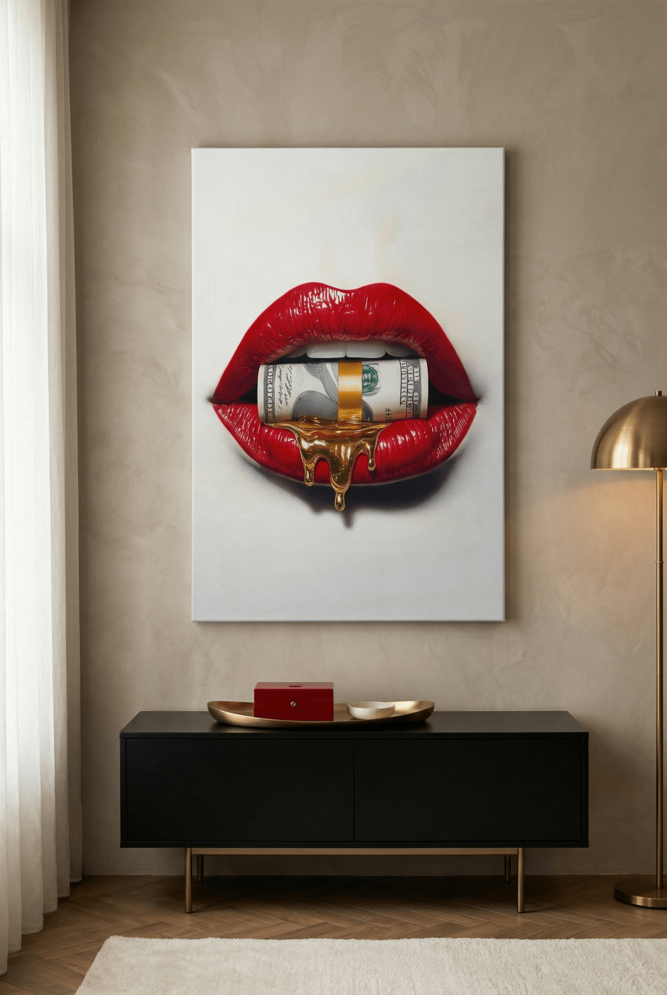 Rote Lippen mit Dollarschein & Gold – Pop Art - Dein Wandbild