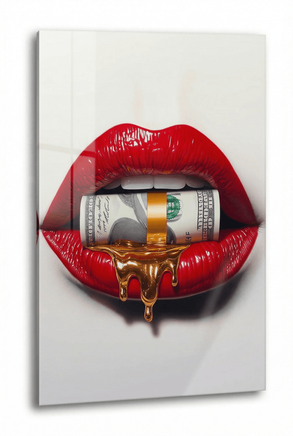 Rote Lippen mit Dollarschein & Gold – Pop Art - Dein Wandbild