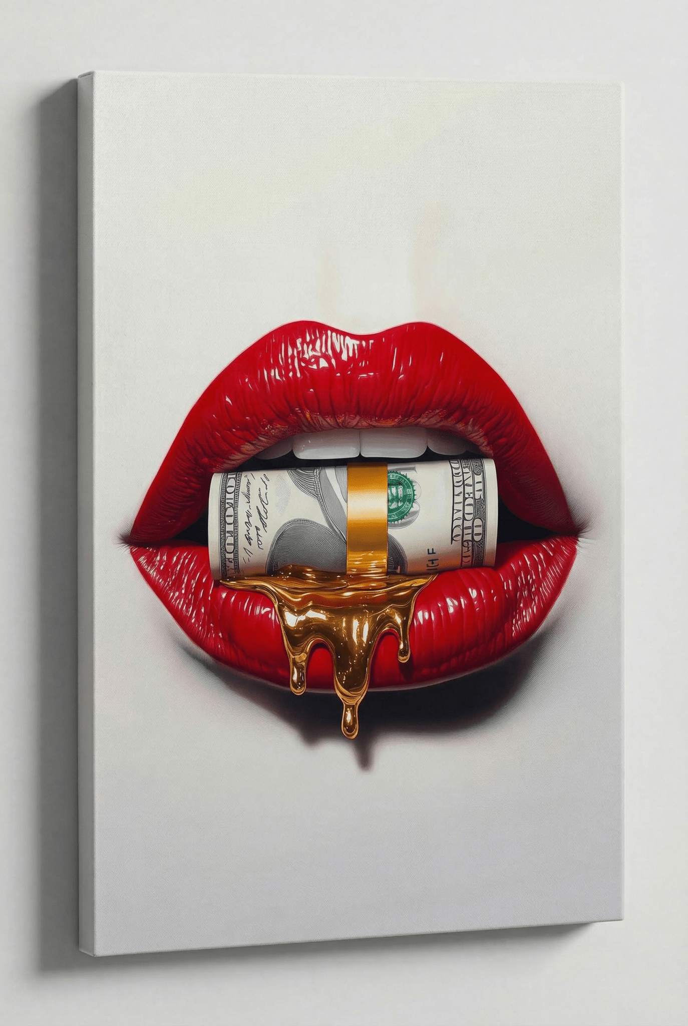 Rote Lippen mit Dollarschein & Gold – Pop Art - Dein Wandbild