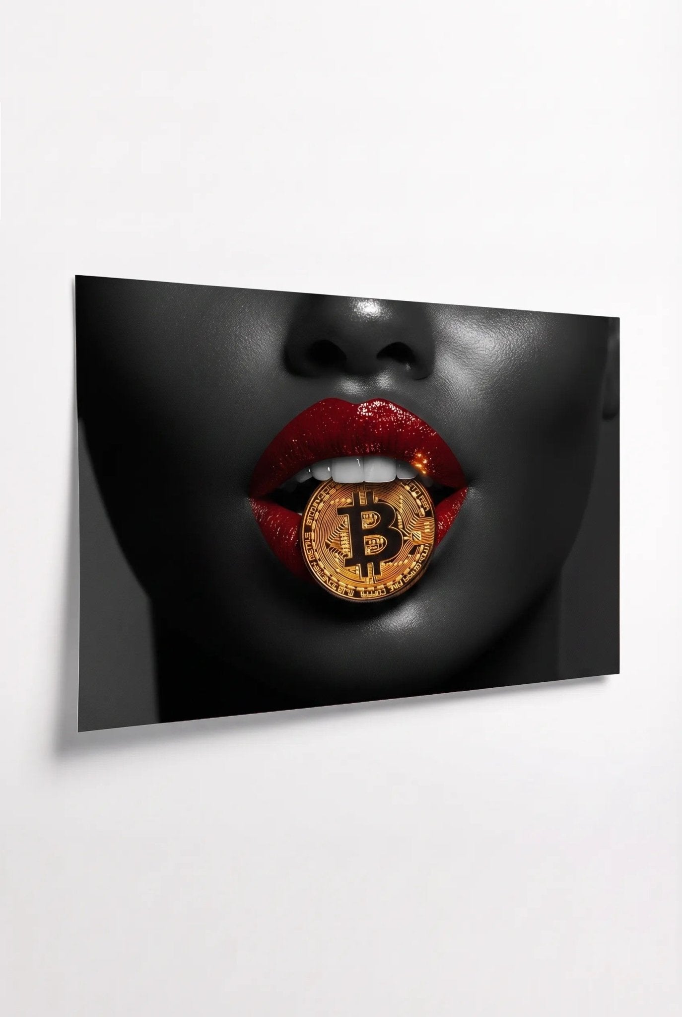 Rote Lippen mit goldener Bitcoin-Münze - Dein Wandbild