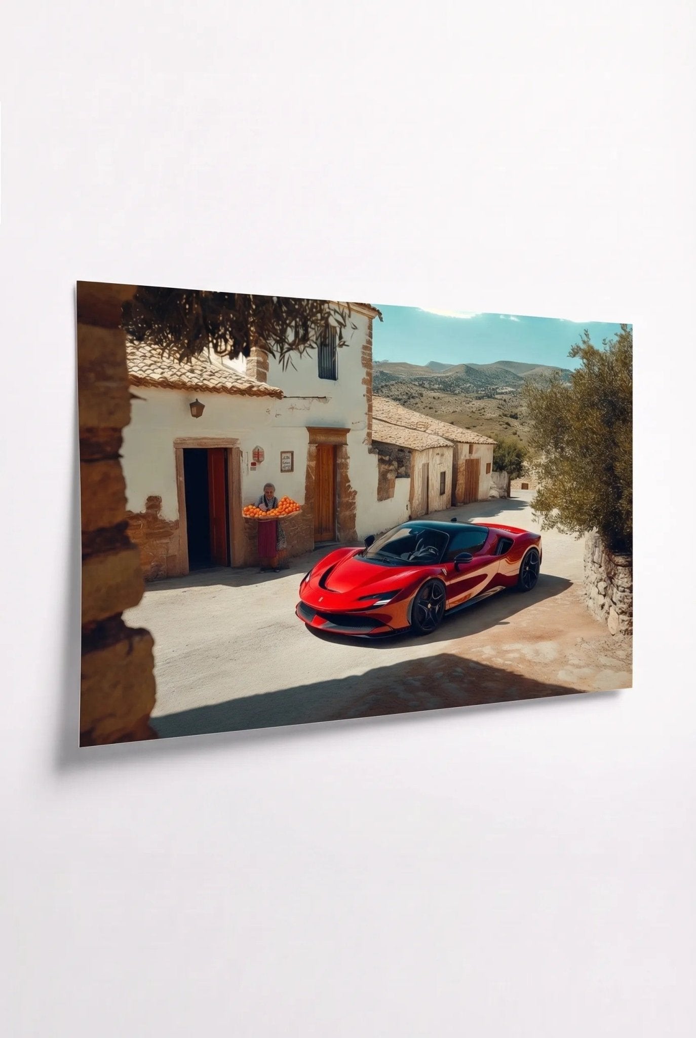 Roter Ferrari SF90 in mediterranem Dorf - Dein Wandbild