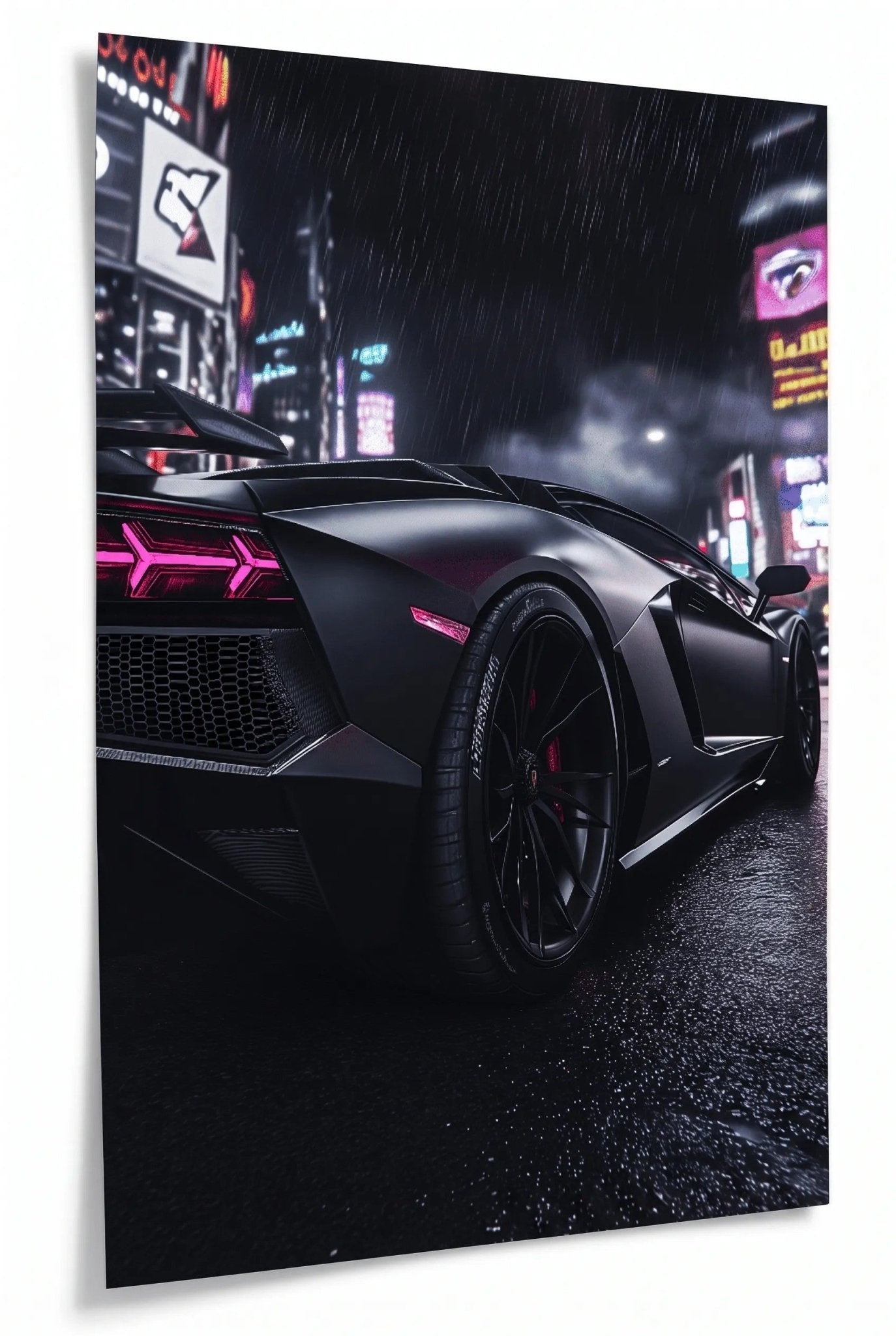 Schwarzer Lamborghini Aventador – Neon-City bei Nacht - Dein Wandbild