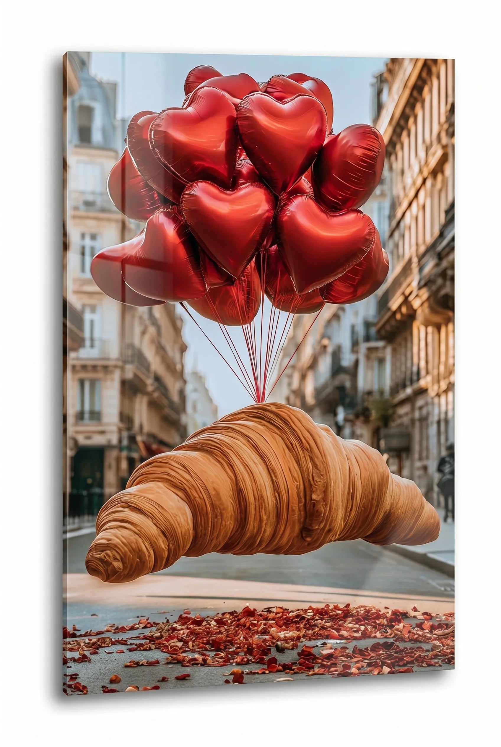 Schwebendes Croissant mit Herzballons Rosenblätter Wandbild - Dein Wandbild