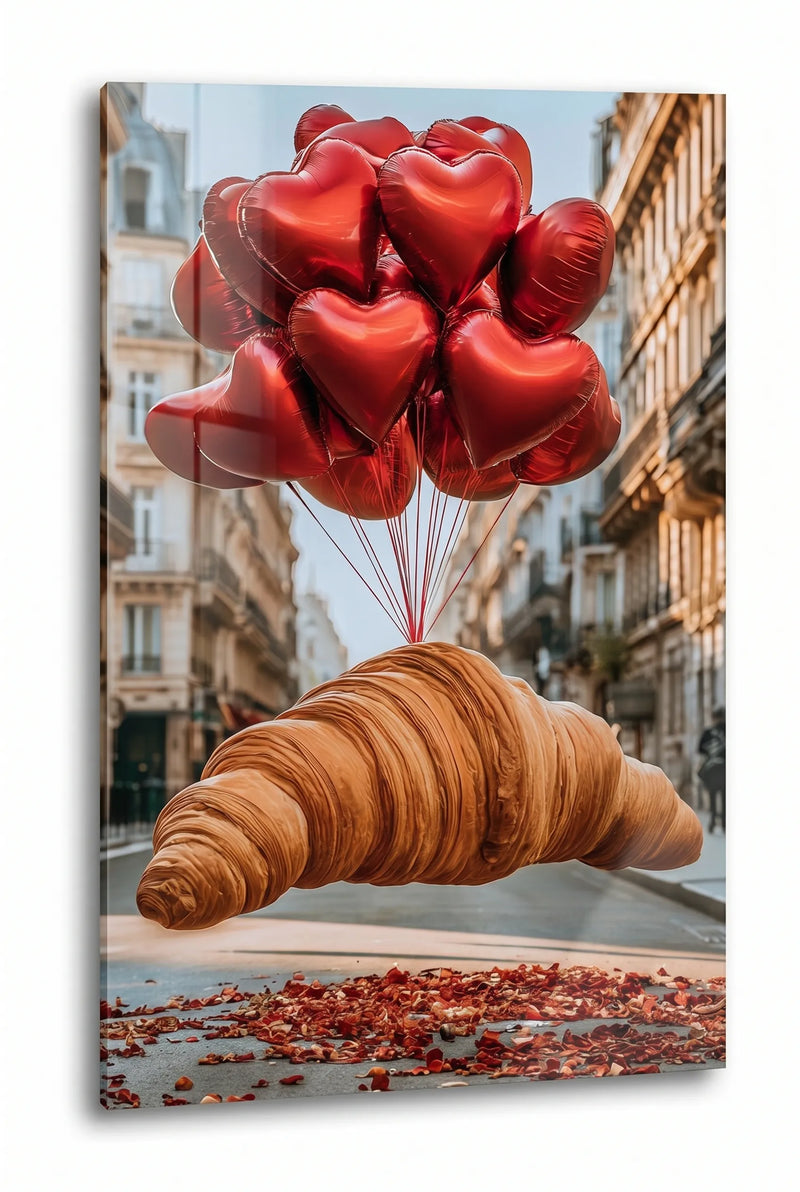 Schwebendes Croissant mit Herzballons Rosenblätter Wandbild - Dein Wandbild