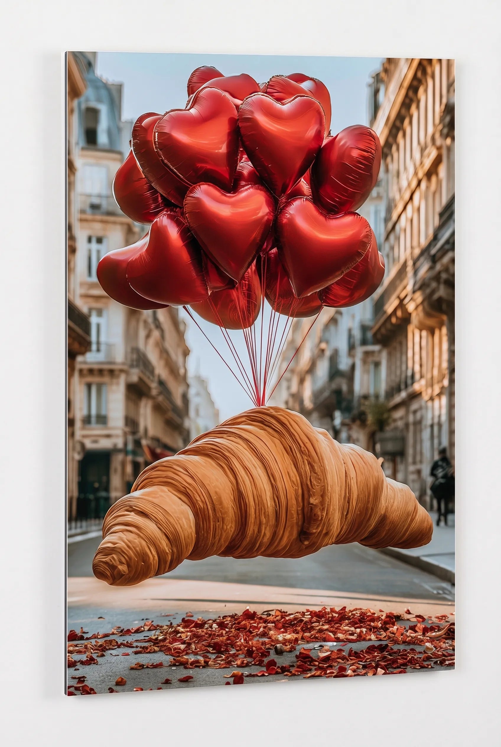 Schwebendes Croissant mit Herzballons Rosenblätter Wandbild - Dein Wandbild