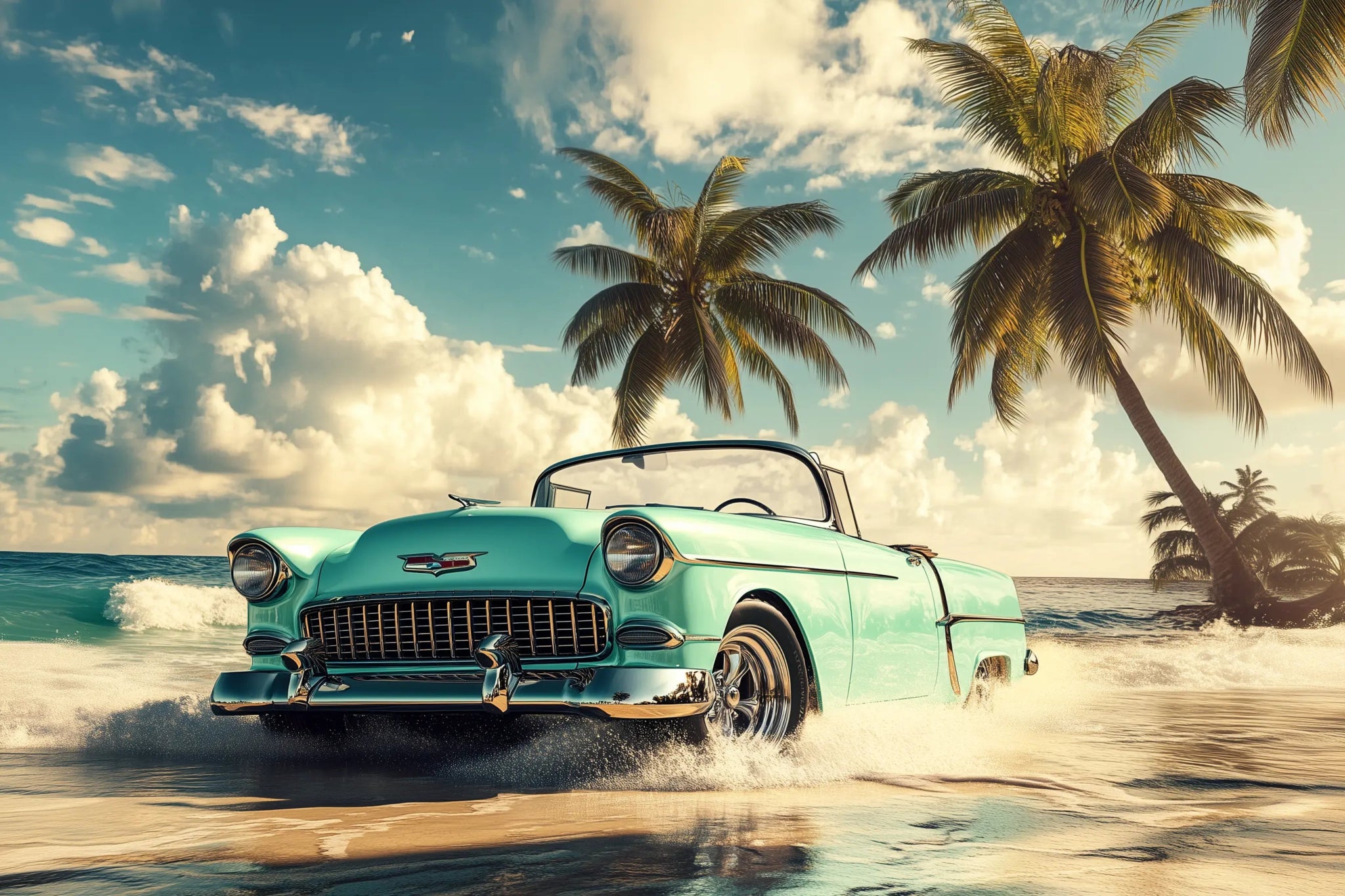 Tropische Freiheit – Autobild mit Retro - Charme & Palmenflair | Dein Wandbild - Dein Wandbild