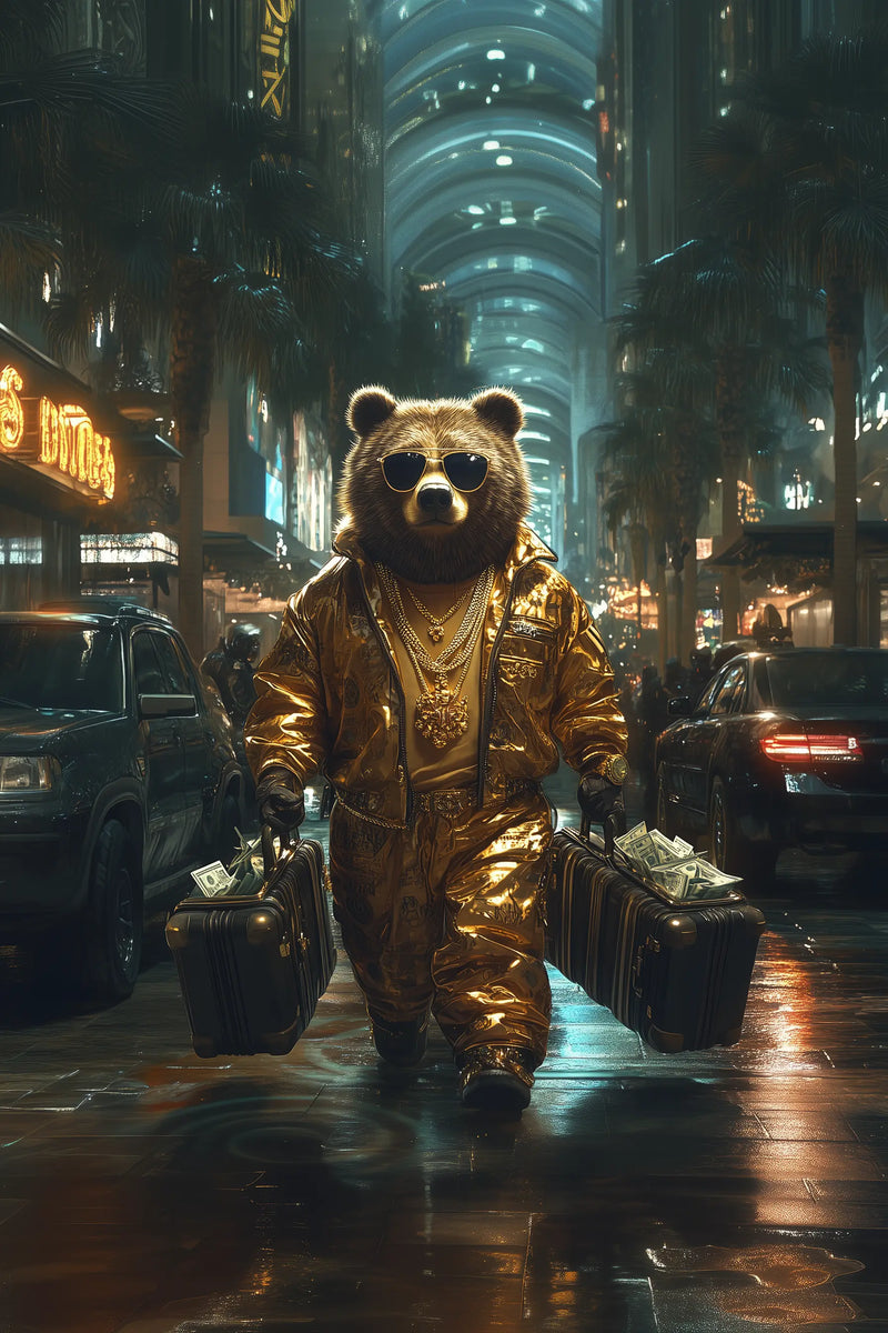 G Bear – Geldkoffer in goldener Nachtstadt