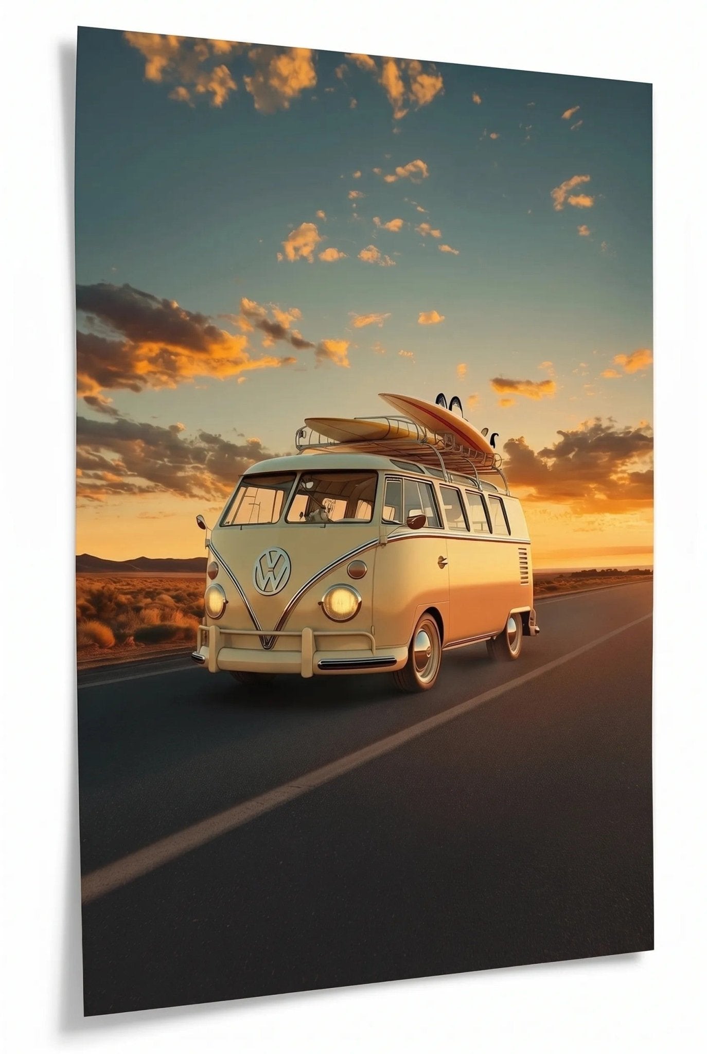 VW Bulli T1 mit Surfbrettern auf Küstenstraße - Dein Wandbild