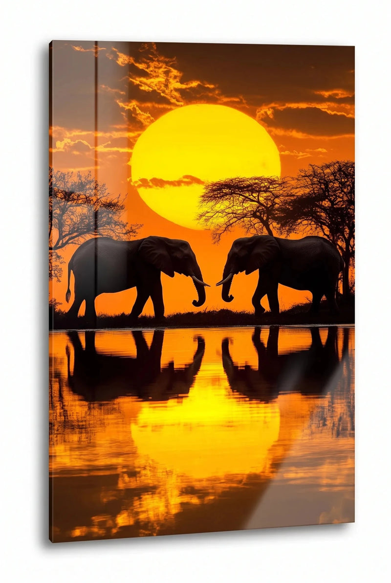 Zwei Elefanten Silhouette Sonnenuntergang Spiegelung Wandbild - Dein Wandbild