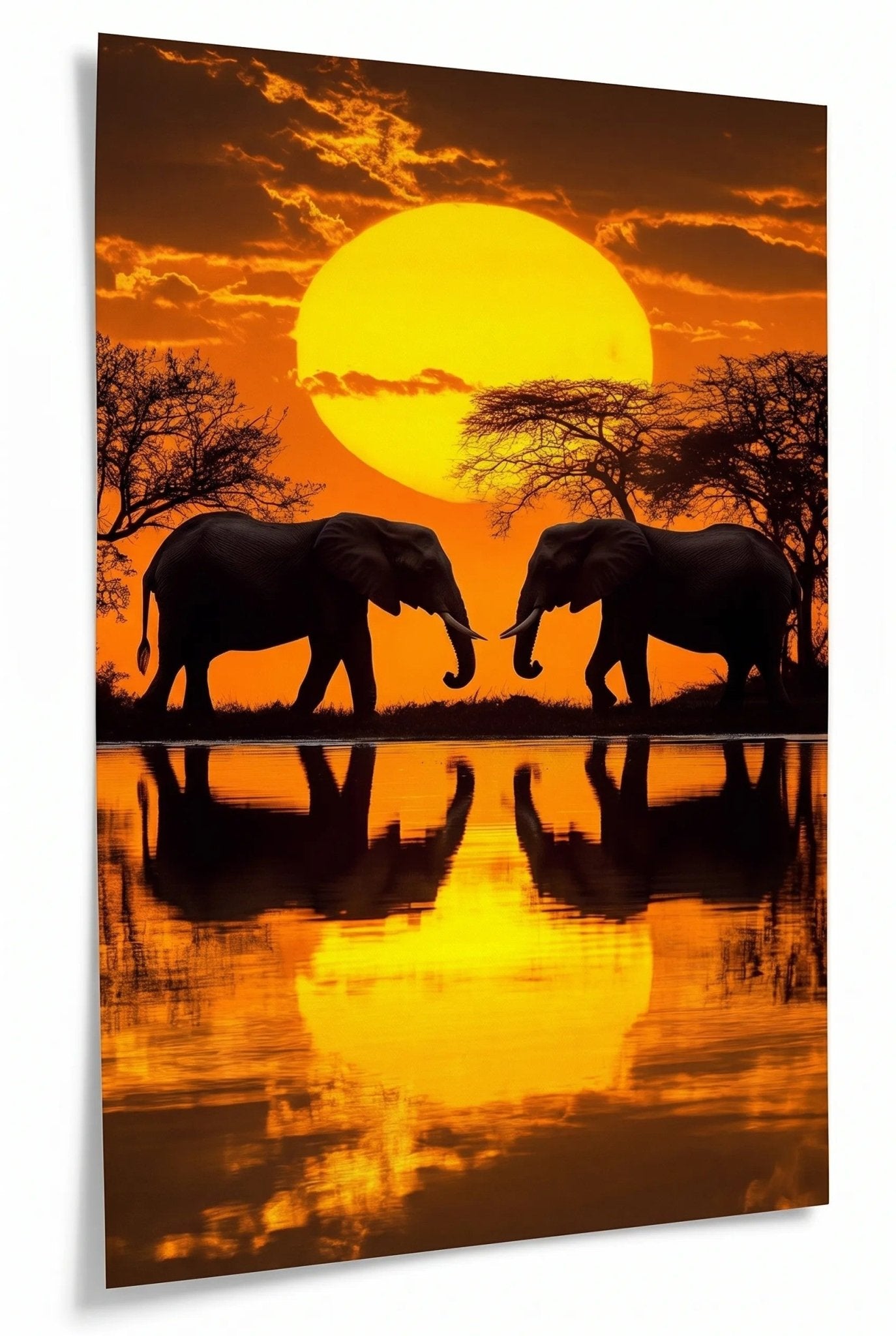 Zwei Elefanten Silhouette Sonnenuntergang Spiegelung Wandbild - Dein Wandbild