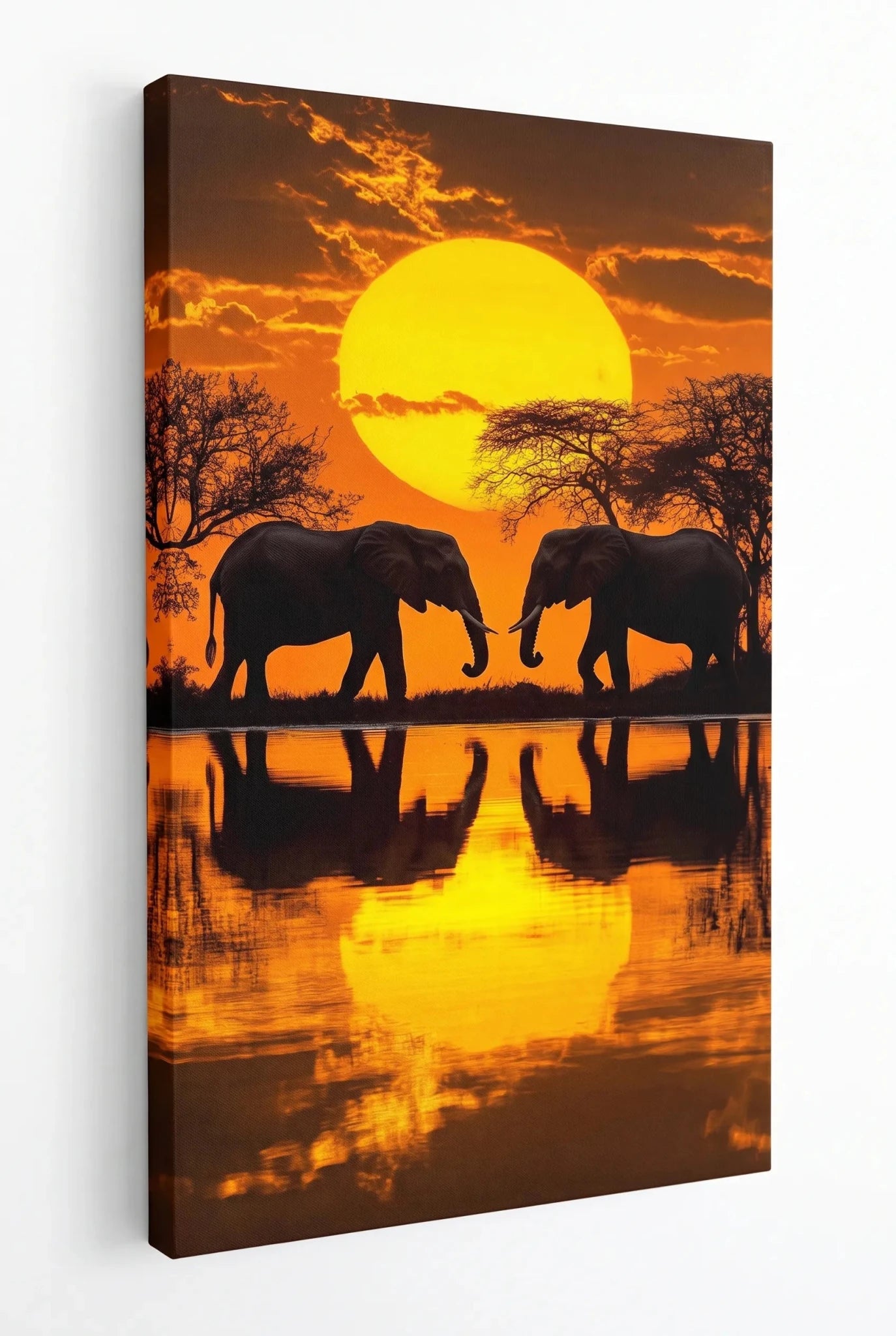 Zwei Elefanten Silhouette Sonnenuntergang Spiegelung Wandbild - Dein Wandbild