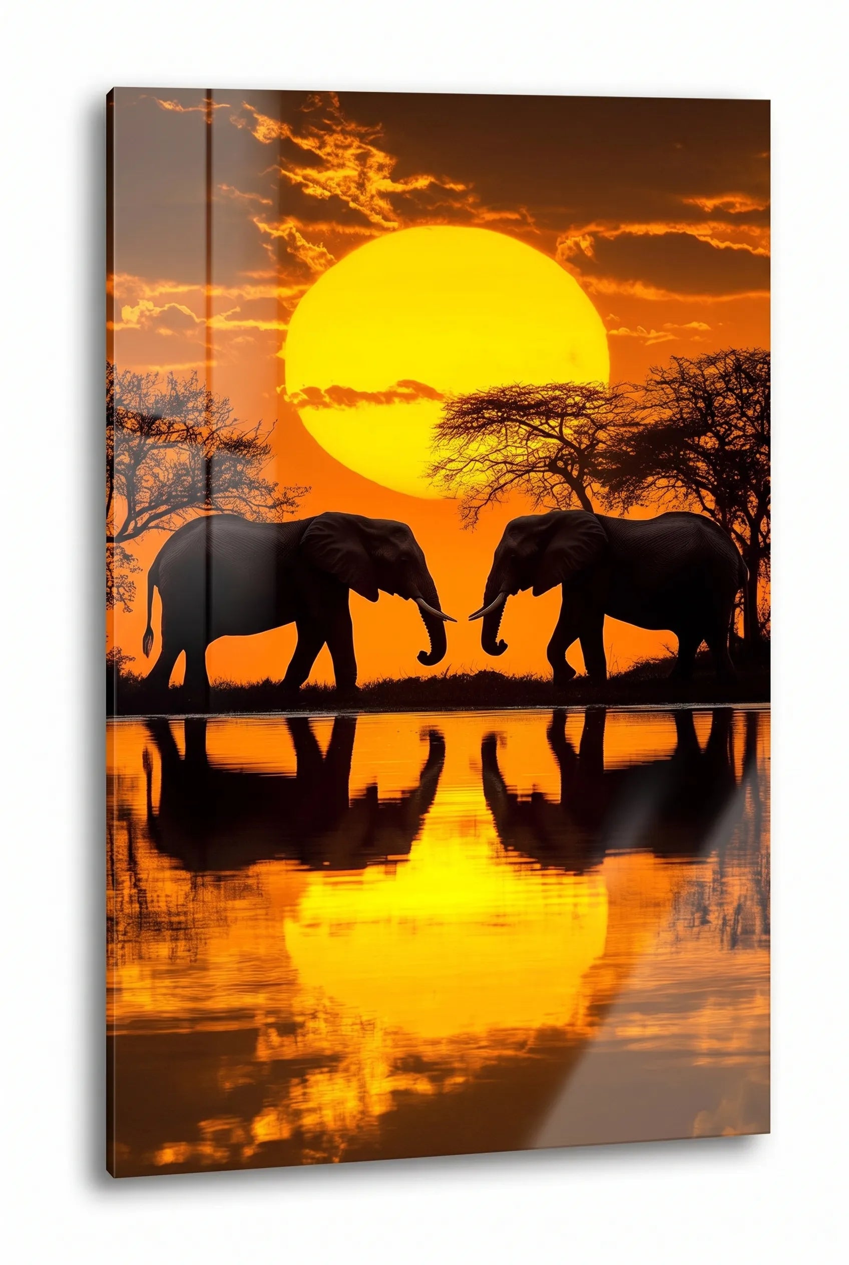 Zwei Elefanten Silhouette Sonnenuntergang Spiegelung Wandbild - Dein Wandbild