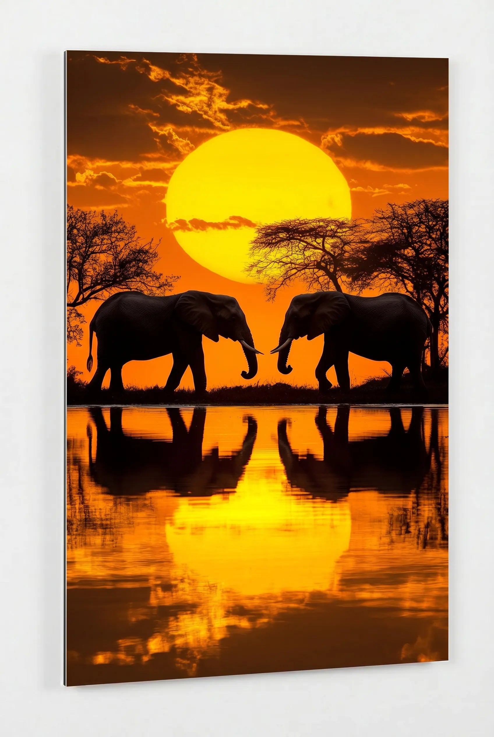 Zwei Elefanten Silhouette Sonnenuntergang Spiegelung Wandbild - Dein Wandbild